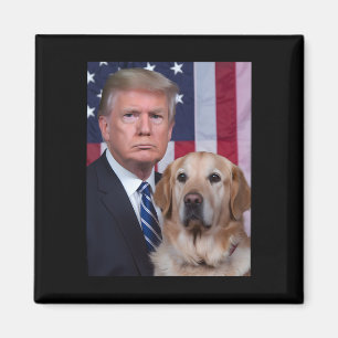 Lustigt Trump och Golden Retriever Hund USA flagga Magnet