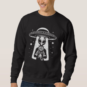 Lustigt UFO Alien som innehar ett Cat Graphic Lång Ärmad Tröja
