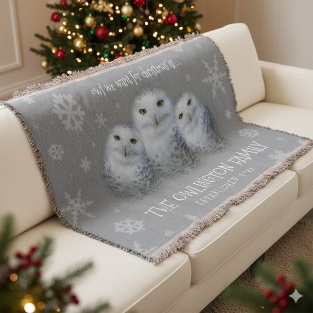 Lustigt Uggla vi vill ha jul... Snowy Uggla Filt (Trio of Snowy Owls Owl We Want for Christmas Throw Blanket Cover Photo)