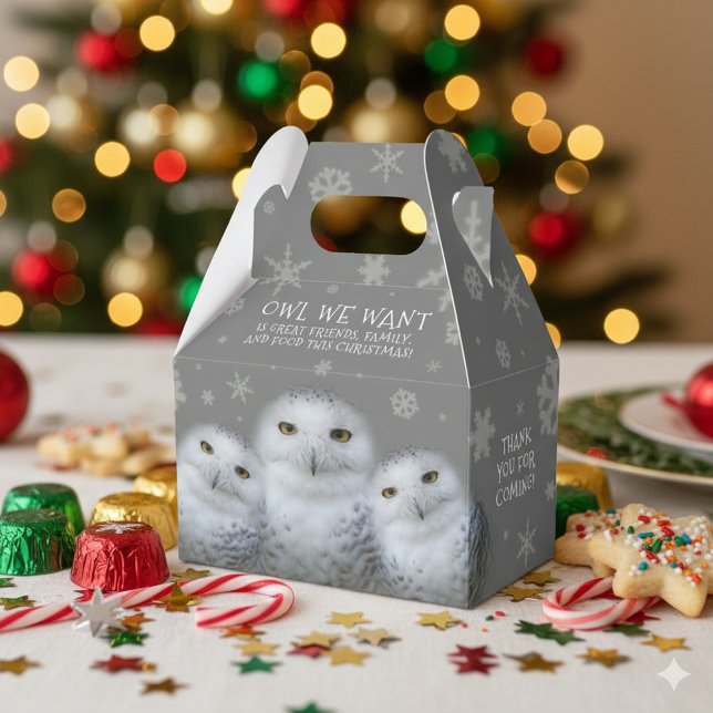 Lustigt Uggla vi vill ha jul... Snowy Uggla Presentaskar (Trio of Snowy Owls "Owl We Want" Favor Box Cover Photo)