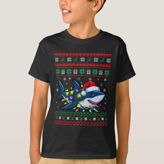 Lustigt, Ugly jul Shark Santa Hat Ljus Julafton T Shirt (Framsida)