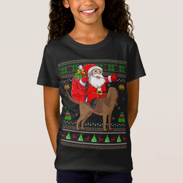Lustigt Ugly Julafton Santa Riding Bloodhound Hund T Shirt (Framsida)