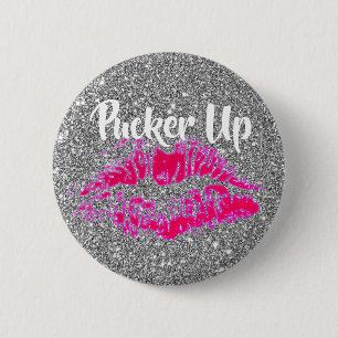 Lustigt Valentines Bright Rosa Kiss Silver Glitter Knapp