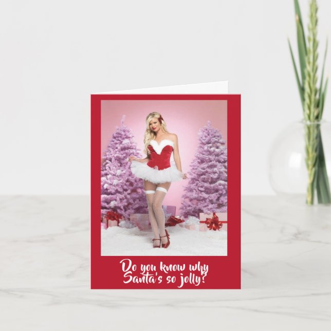 Lustigt varför tomten är så glad jul helgkort (Framsida)