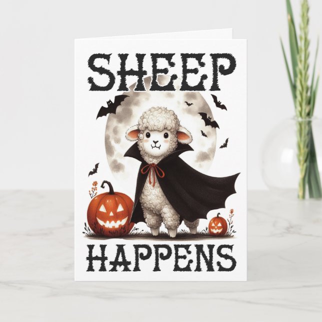 Lustigt Vintage Sheep Happens Halloween Helgkort (Framsida)