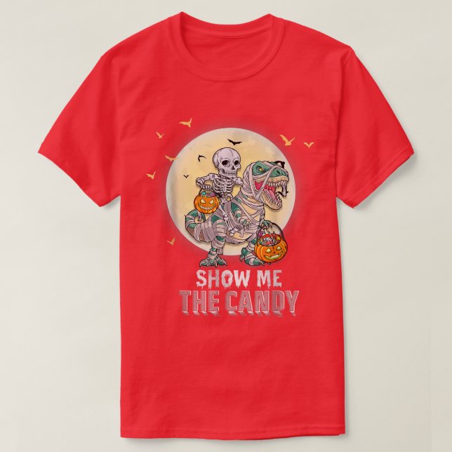 Lustigt visa mig godismemman Skeleton Riding Mummy T Shirt (Design framsida)