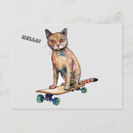 Lustigt Whimsical Cat Skateboarding Postcard Vykort