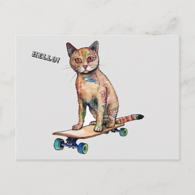 Lustigt Whimsical Cat Skateboarding Postcard Vykort (Framsida)