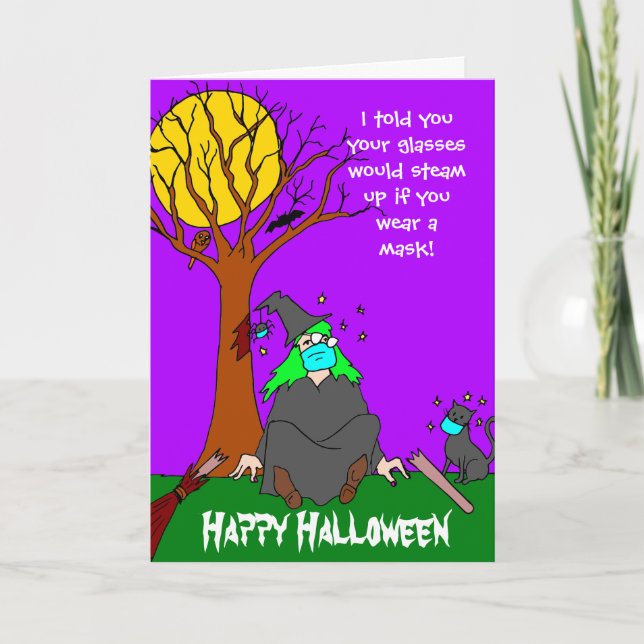 Lustigt Witch Ansikte-mask Halloween Kort (Framsida)