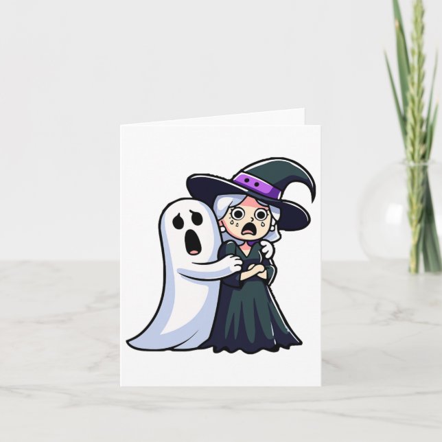Lustigt Witch och Ghost Skrämt Ansikte Halloween p Kort (Framsida)