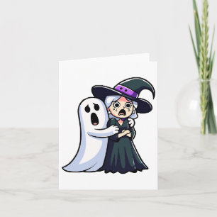 Lustigt Witch och Ghost Skrämt Ansikte Halloween p Kort