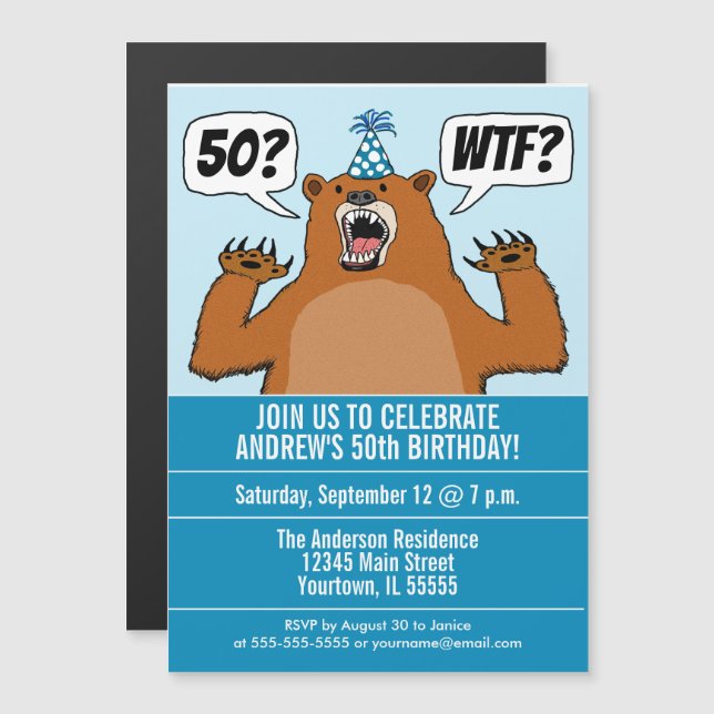 Lustigt WTF Bear Age Specific Birthday Magnetisk Inbjudningskort (Fram/baksida)