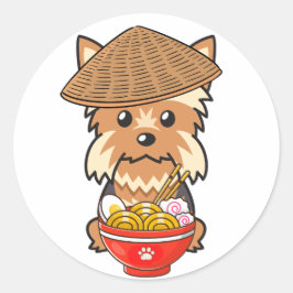 Lustigt yorkshire skräcker äter nudles runt klistermärke