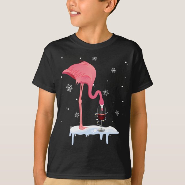Lustiny Flamingo Drinking Vin på julen Julafton Pa T Shirt (Framsida)