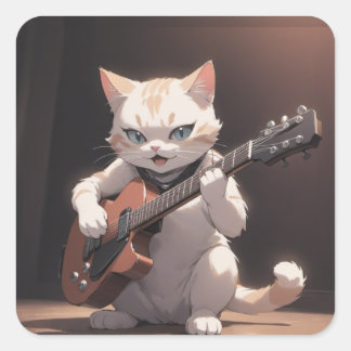 Lustiny Spela Guitar Cat Art Fyrkantigt Klistermärke