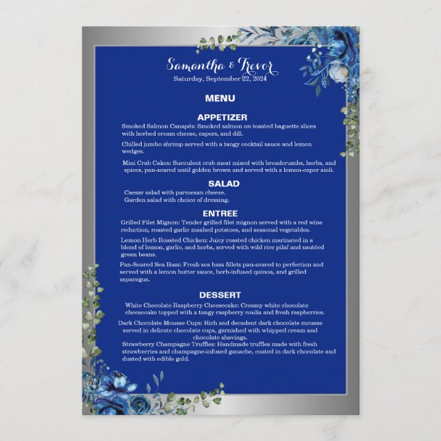 Lustrous Silver, Blue Azure Dreams Dinner Menu Meny (Framsida)