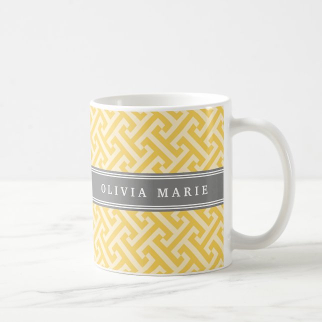 Lutad Gult Greklands Nyckel Mönster med Namn Kaffemugg (Höger)