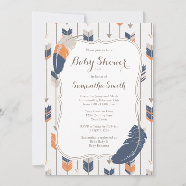 Lutande luddpilar Baby Shower Navy Orange Inbjudningar (Framsida)
