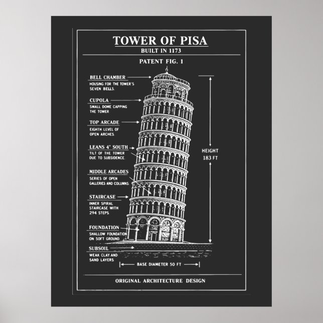 Lutande Pisa Torn Blueprint Konst Poster (Framsidan)