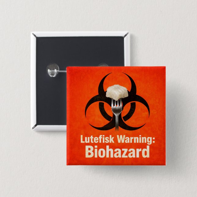Lutefisk Varning: Biohazard – Rolig Skandinavisk Knapp (Framsida & baksida)