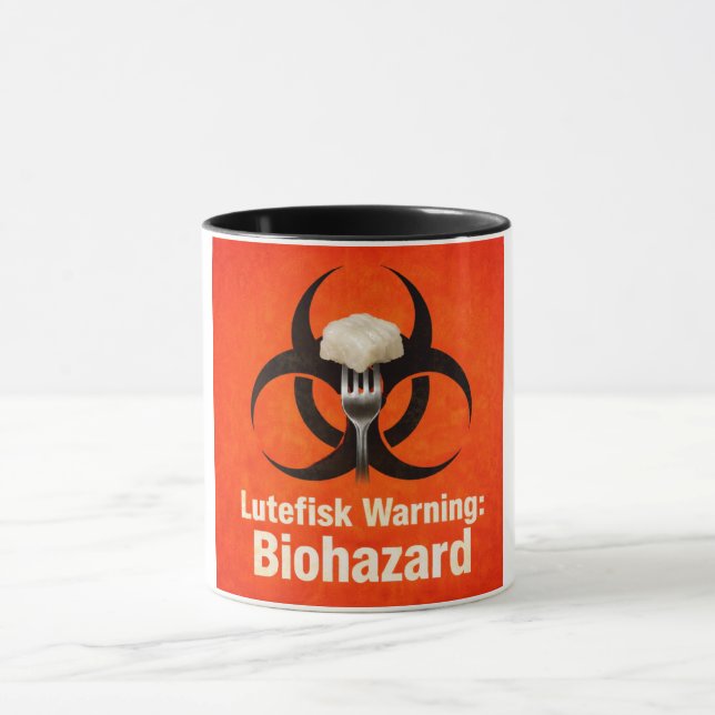 Lutefisk Warning: Biohazard – Funny Scandinavian Mugg (Center)