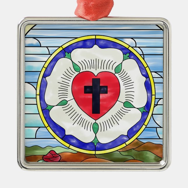 Lutherros Färgat Glasfönster Julgransprydnad Metall (Framsidan)