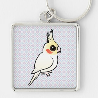 Lutino Cockatiel Fyrkantig Silverfärgad Nyckelring