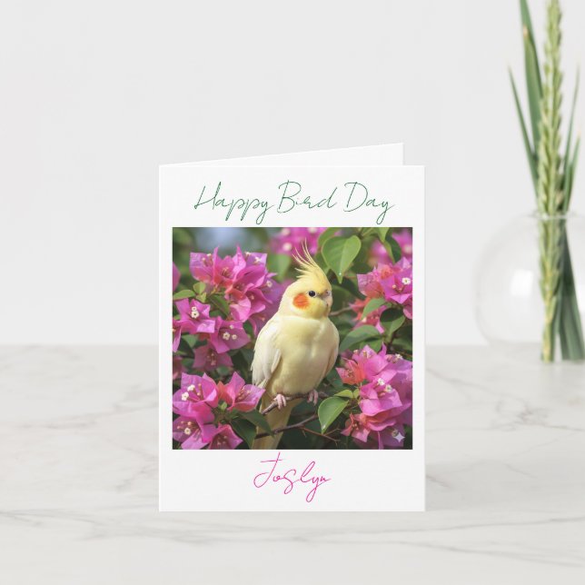 Lutino Cockatiel in Purple Flowers Custom Birthday Kort (Framsida)
