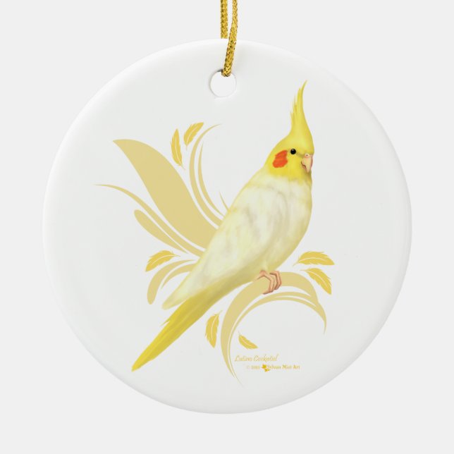 Lutino Cockatiel Julgransprydnad Keramik (Framsidan)