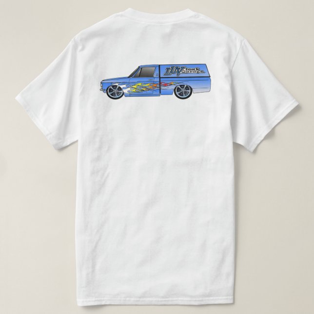 Luv Lastbil Garage Flamed Camper-design T Shirt (Design baksida)