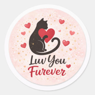 Luv You Furever Kattdekal – Rosa med Röda Hjärtan Runt Klistermärke