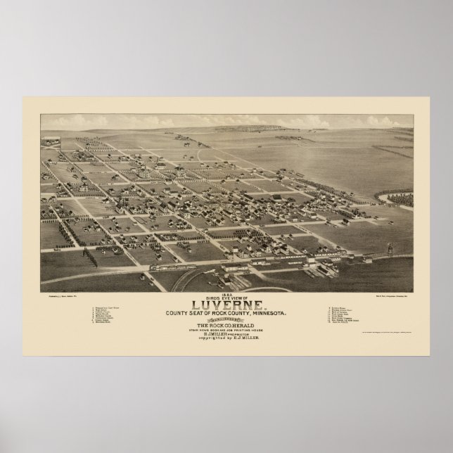 Luverne, MN Panoramic Karta - 1883 Poster (Framsidan)