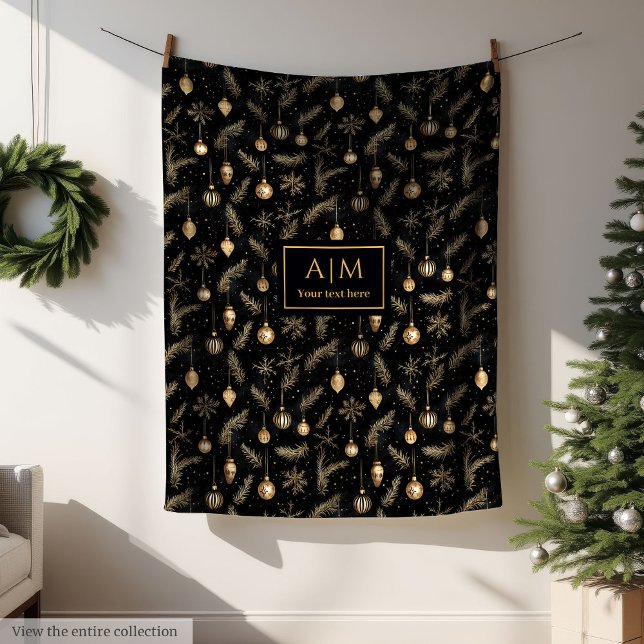 Lux black & gold watercolor Christmas custom name Fleecefilt (Lux black & gold watercolor Christmas custom name Fleece Blanket)