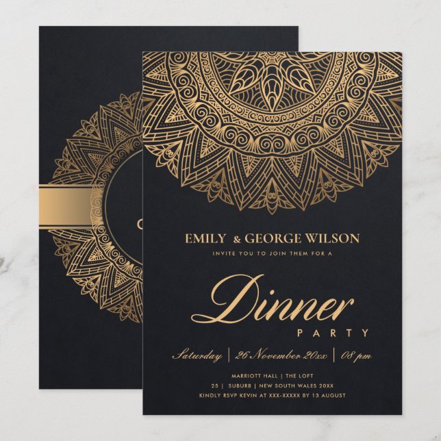 LUX BLACK GULD CLASSIC ORNATE MANDALA DINNER PARTY INBJUDNINGAR (Fram/baksida)