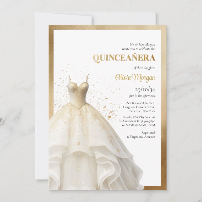 Lux elegant guld boll dress glamor Quinceañera Inbjudningar (Framsida)