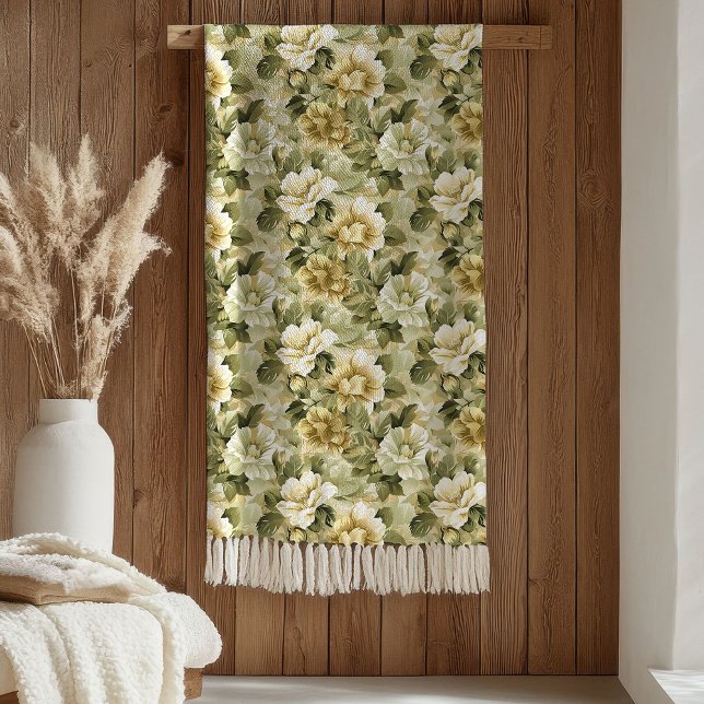Lux Green Floral Blanket Gold Foliage in Pastels Fleecefilt (Lux Green Floral Blanket Gold Foliage in Pastels)