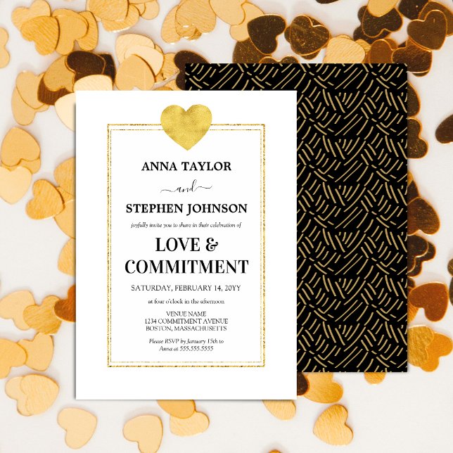 Lux Guld Heart Kärlek & engagemangsceremoni Inbjudningar (Faux gold foil look commitment ceremony invitation front and back view.)