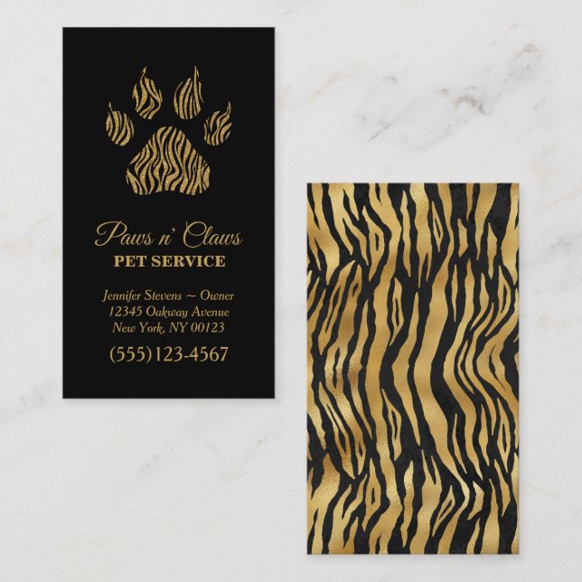 Lux Guld Tiger Print Tass Pet Service Visitkort (Fram/baksida)