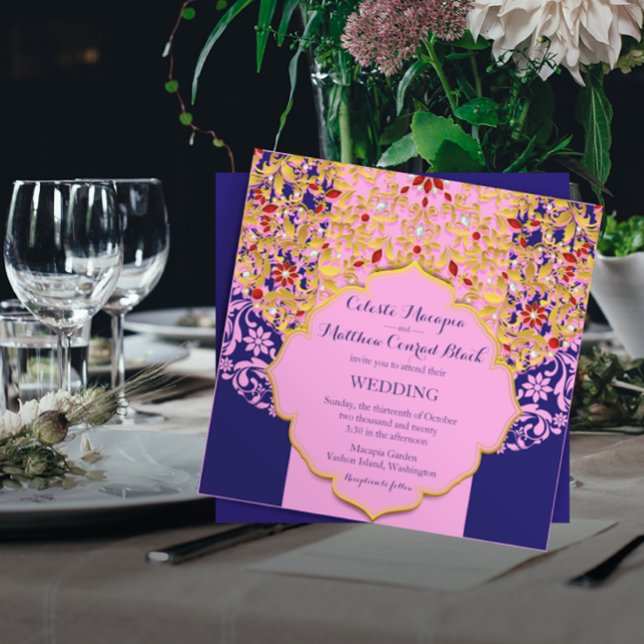 Lux Jeweled Guld Rosa Blue Hindu Bröllop Inbjudningar (Skapare uppladdad)