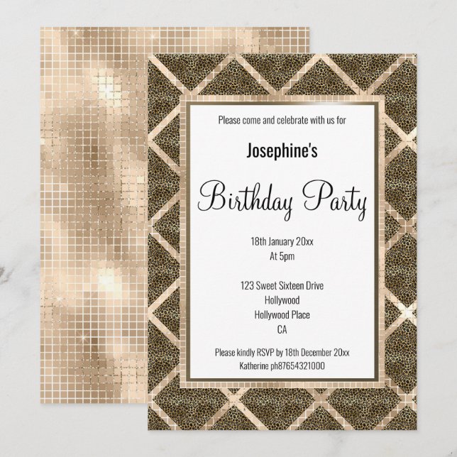 LUX LEOPARD CHAMPAGNE BIRTHDAY INVICATION INBJUDNINGAR (Fram/baksida)