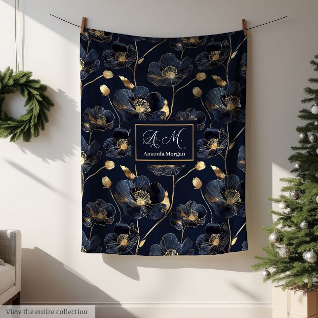 Lux minimalist navy kast med guldföremål och monog fleecefilt (Lux Minimalist Navy Throw Gold Flowers Monogram)