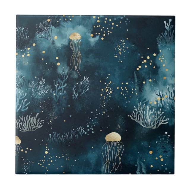 Lux Ocean Jellyfish & Coral Gold Pattern (1) Kakelplatta (Framsidan)