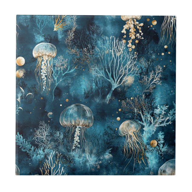 Lux Ocean Jellyfish & Coral Gold Pattern (2) Kakelplatta (Framsidan)
