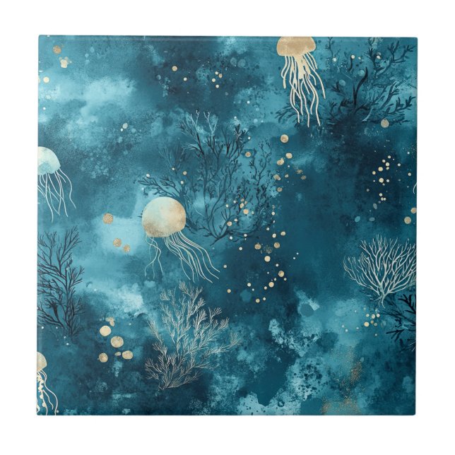 Lux Ocean Jellyfish & Coral Gold Pattern (3) Kakelplatta (Framsidan)