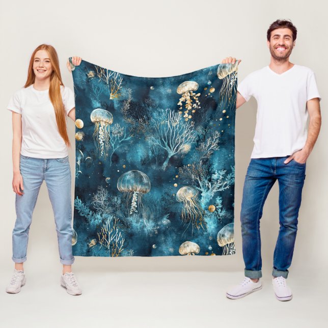 Lux Ocean Maneter & Korall Guld Mönster Fleecefilt (På plats)