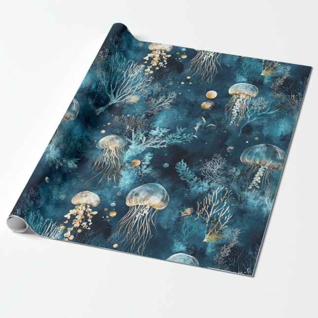 Lux Ocean Maneter & Korall Guld Mönster Presentpapper (Utrullad)