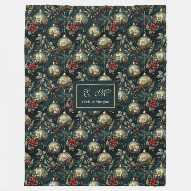 Lux red and green baubles personalized holiday fleecefilt (Framsidan)