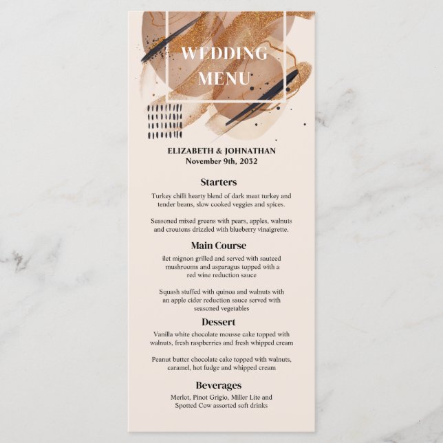 Lux ro guld glitter rostade kopparskuggor bröllop meny (Framsida)