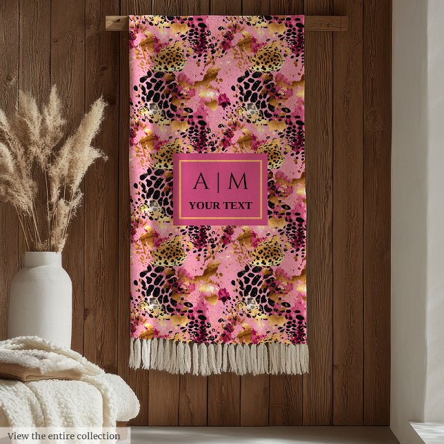 Lux rosa akvarell leopardskinnsmonogramfilt fleecefilt (Lux pink watercolor leopard skin monogram blanket)