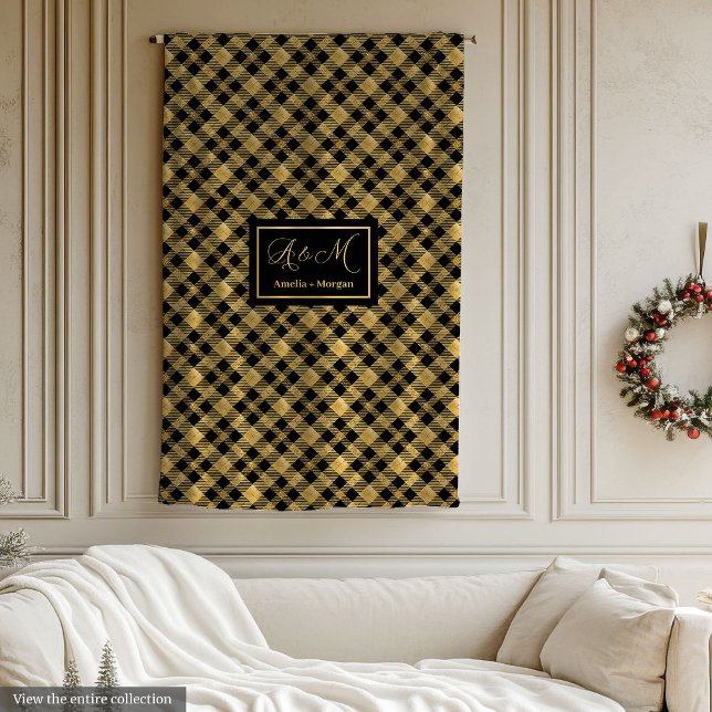 Lux Rutat Täcke Svart Guld Utomhus Gåvaidé Fleecefilt (Lux Checkered Blanket Black Gold Outdoor Gift Idea)